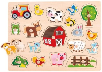 DUŻA DREWNIANA UKŁADANKA PUZZLE Z UCHWYTAMI FARMA