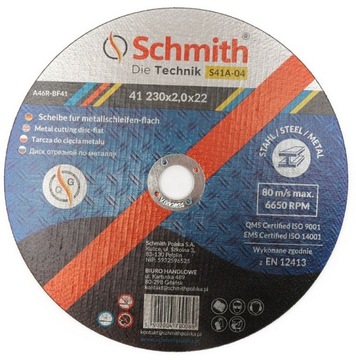 SCHMITH TARCZA DO CIĘCIA METALU 230x2 MOCNA Z DROBINAMI DIAMENTU