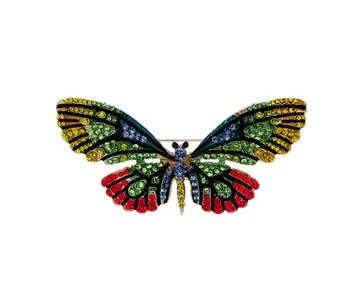 ZŁOTA BROSZKA OZDOBNA BIŻUTERIA SPINKA KOLOROWY DUŻY MOTYL CYRKONIE 8 cm