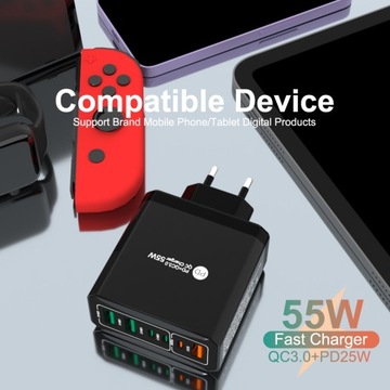 МОЩНОЕ БЫСТРОЕ УНИВЕРСАЛЬНОЕ ЗАРЯДНОЕ УСТРОЙСТВО 55 Вт PD+QC 3.0 USB x3 + USB-C x3