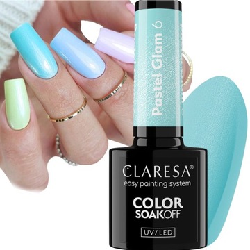 CLARESA PASTEL GLAM 6 LAKIER HYBRYDOWY HYBRYDA PASTELOWY TURKUS Z DROBINĄ