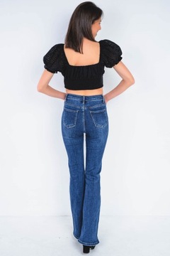 Klasyczne ciemne spodnie damskie szerokie dzwony jeansowe wysoki stan L