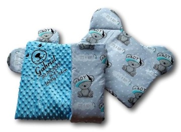 kocyk poduszka miś z imieniem imię uszkami komplet prezent do wózka metryka