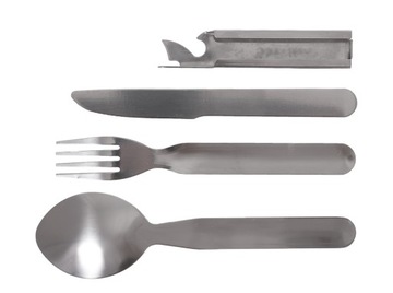 Армейские принадлежности Mil-Tec из нержавеющей стали: ложка, нож, вилка, открывалка.