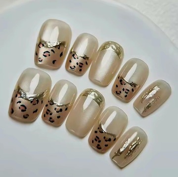 Paznokcie Sztuczne Tipsy Nude Perłowe Pearl Animal French Panterka Gold