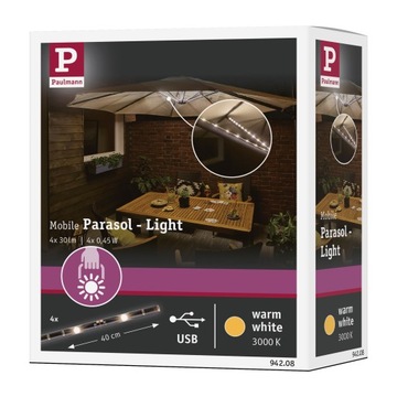 Комплект светодиодного освещения для садового зонта USB LED STRIPE 4х40см 3000К