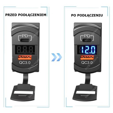 Gniazdo montażowe USB QC3.0 18W + PD 36W 12-24V Woltomierz