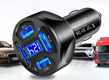 Быстрое и мощное автомобильное зарядное устройство, 4 порта USB, разветвитель 3,1 А, 66 Вт, светодиодный дисплей