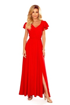 WYPRZEDAŻ Sukienka suknia maxi długa z falbanami i rozporkiem czerwona