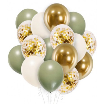 Balony Khaki Kremowe Złote oliwkowe Konfetti 20szt
