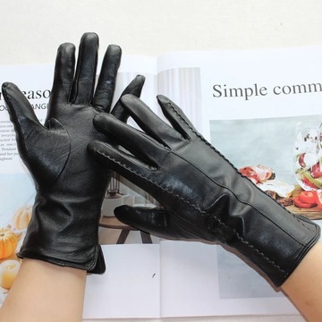 New Women Color Leather Gloves Striped Style Velvet Lining Autumn And