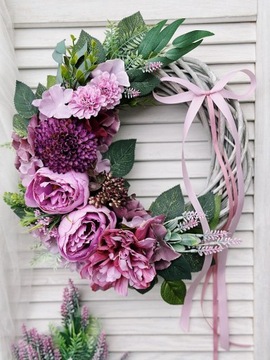 ВЕСЕННИЙ ЦВЕТОЧНЫЙ ВЕНОК ДЛЯ ДВЕРИ, ПЛЕТЕННЫЙ ВЕНОК, КРЕМ, ЛАВАНДА, ЛИЛА