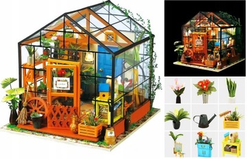 Puzzle 3D Drewniany składany malowany model Szklarnia Ogród LED Robotime