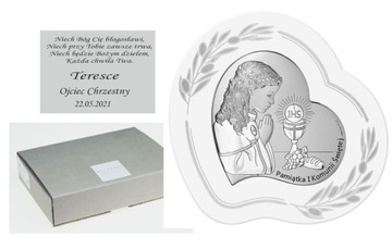 Srebrny obrazek Komunia Dziewczynka Grawer Gratis 11x10 cm.