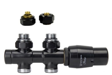Zawór termostatyczny Twins 50 mm czarny mat + złączki PEX Prosty