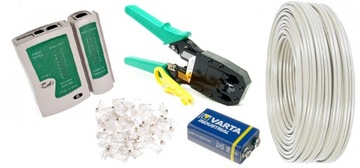 TESTER + ZACISKARKA + 50 wtyk RJ45 + 50m + Bateria