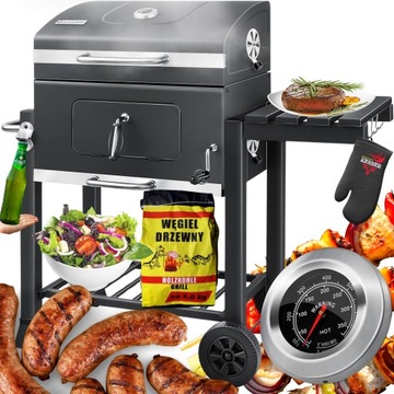 GRILL WĘGLOWY OGRODOWY RUSZT ŻELIWNY POPIELNIK 2 PÓŁKI TERMOMETR DUŻY XXL