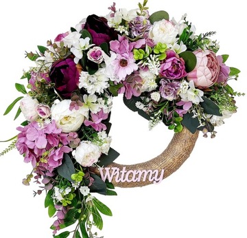 Wianek wiosenny weselny powitalny WITAMY fioletowy na drzwi kwiaty kwiatki
