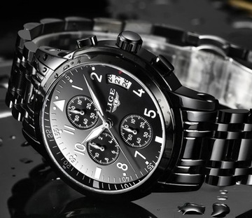 Zegarek męski LIGE bransoleta czarny srebrny chronograf datownik