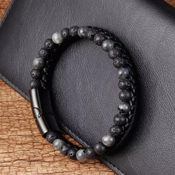 МУЖСКОЙ КОЖАНЫЙ БРАСЛЕТ, ЭЛЕГАНТНЫЕ СТАЛЬНЫЕ БУСЫ, МАГНИТНЫЙ ЗАЖИМ