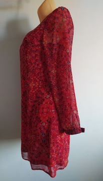 M 38 elegancka luźna czerwona sukienka szyfonowa w kwiaty długie rękawy