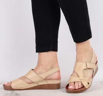 Beżowe eleganckie sandały damskie skórzane płaskie komfortowe ROZ. 37