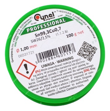 CYNA BEZOŁOWIOWA Sn99,3Cu0,7 100g 1mm SW26/2,5%