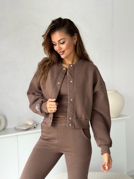 Komplet damski bawełniany 3-częściowy rozpinana bluza spodnie top brązowy