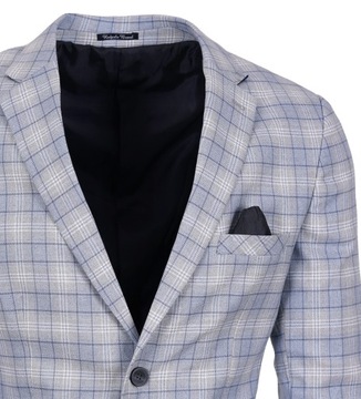 MARYNARKA MĘSKA W KRATĘ WIZYTOWA CASUAL NIEBIESKA ELEGANCKA TURECKA SLIM 48