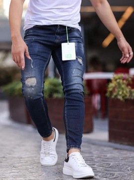 SPODNIE JEANSOWE MĘSKIE WYTARCIA MODNE i8 Denim Skinny Ciemne Niebieskie 31