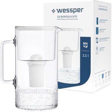 Dzbanek filtrujący szklany Wessper 3,3l Biały + 1x Filtr aquaclassic