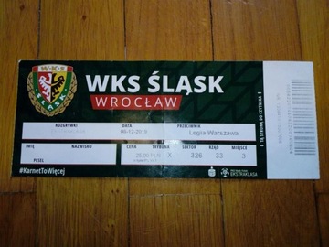 Bilet Śląsk Wrocław - Legia Warszawa 8.12.2019