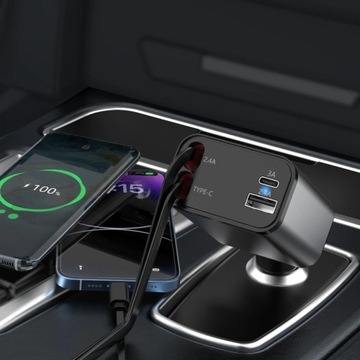 БЫСТРЫЙ! Автомобильное зарядное устройство GUTEK QC 4в1 шарнирная катушка 120Вт USB-C USB-A