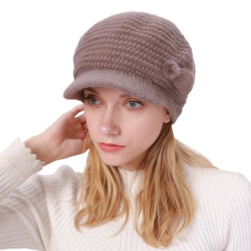 Zimowa damska czapka z daszkiem, jednokolorowa czapka z dzianiny i aksamitny ciepły beret