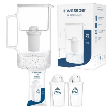 SZKLANY DZBANEK WESSPER D2 BOROSILICATE AQUACLASSIC 3l + 3x Filtr Wkład