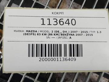 KOKPIT DESKA KONZOLA ULOŽENÍ AIRBAG PÁSY ČERNÁ MAZDA 2 DE EVROPA