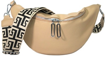 NERKA DAMSKA DUŻA BEŻOWA ELEGANCKA SPORTOWA SASZETKA 2 PASKI EKO SKÓRA