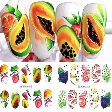 NAKLEJKI WODNE do zdobień na paznokcie arkusz 12 wzorów owoce neonowe lato