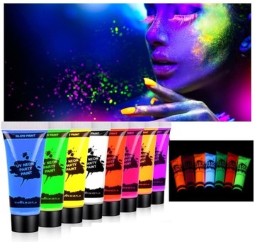 Farby do malowania twarzy ciała neon UV 8x10ml GLO
