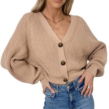 MODNY DAMSKI SWETER ROZPINANY Z GUZIKAMI CIEPŁY GRUBY KARDIGAN OVERSIZE