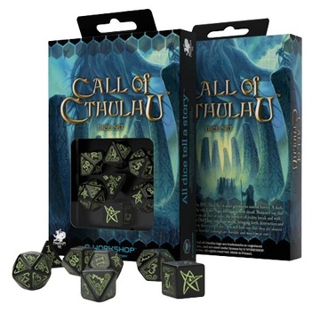 Q-WORKSHOP Komplet Kości RPG Zew Cthulhu- Czarno-fosforyzujący