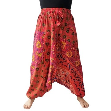 Szarawary spodnie alladynki haremki joga czerwone wzory bawełna Indie