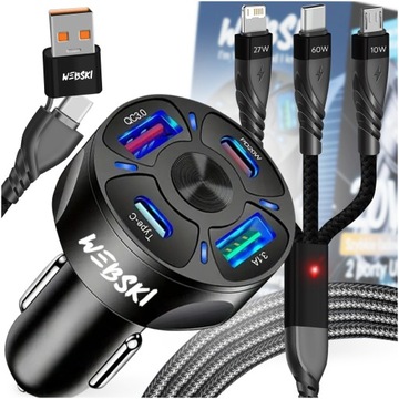 MOCNA SZYBKA ŁADOWARKA SAMOCHODOWA DO TELEFONU 2X USB 2X USB C + KABEL 6W1