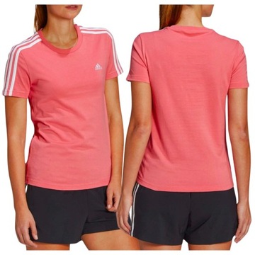 Koszulka Damska Adidas 3Paski Bawełniany T-Shirt Różowy Krótki Rękaw r. M