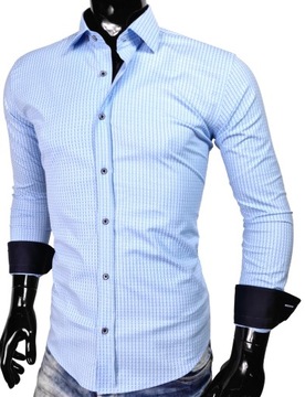 Koszula męska błękitna delikatny wzór slim fit EN582 dodatek elastanu r XXL
