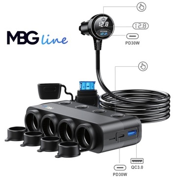 ROZDZIELACZ GNIAZDA ZAPALNICZKI 12V 24V ŁADOWARKA SAMOCHODOWA QC PD 3x USB