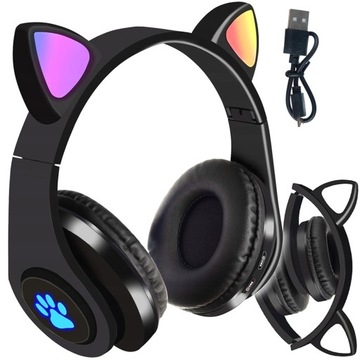 Słuchawki Bezprzewodowe Nauszne Kocie Uszy dla Dzieci Bluetooth LED RGB