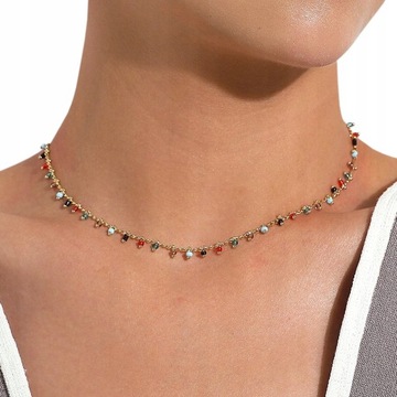 M255 Naszyjnik Złoty Koraliki Kolorowy BOHO Choker