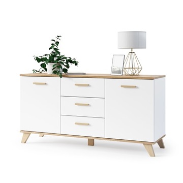 KOMODA SZAFKA DO SALONU BIAŁA DĄB WOTAN 3 SZUFLADY DRZWI DUŻA 150 cm SCANDI