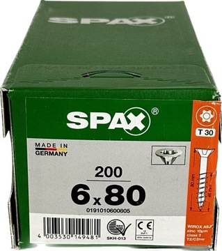 Wkręty uniwersalne do drewna 6 x 80mm SPAX WIROX BIT T-30 stożek 200szt